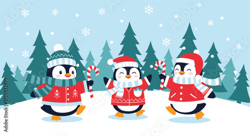 Three cheerful penguins wearing Christmas sweaters and hats dance in a snowy winter forest during the holiday season.