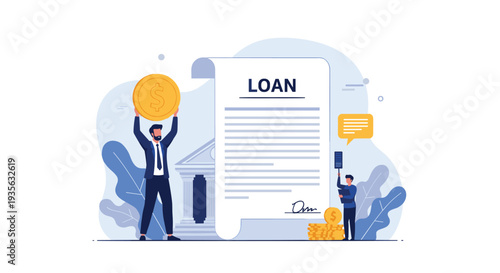 Financial consultant assists a businessman with a loan application while standing near a bank and a stack of coins.