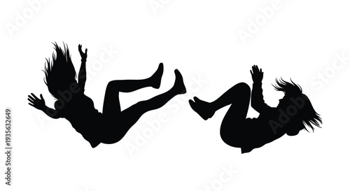 Two figures falling through the air dynamic poses black silhouette