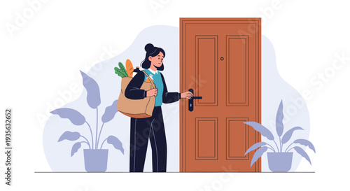 Tired woman enters her home through the front door carrying a heavy bag filled with fresh groceries and vegetables.