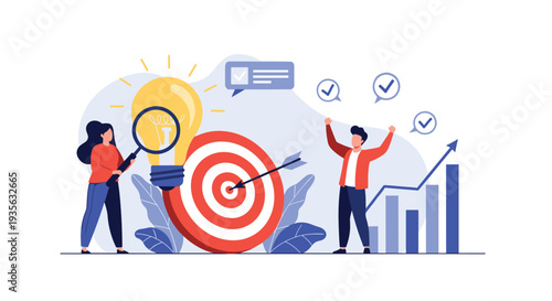 Team of professionals works on a business target using a giant magnifying glass to examine a lightbulb for ideas.