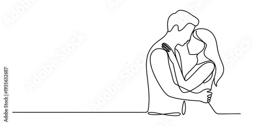 Minimalist continuous line drawing of a romantic couple in a gentle embrace on a white background.