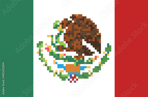 Mexican Flag with Coat of Arms Emblem in Mosaic Pixel Art Style. Eagle and Snake on Cactus. Ideal for national celebrations, digital designs, and patriotic projects. Vector illustration