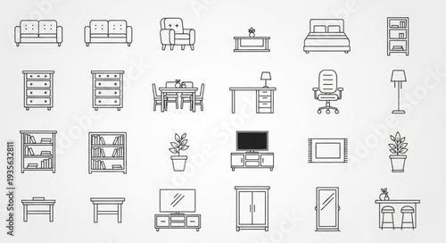 Collection of hand-drawn furniture and home decor icons.