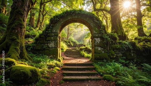 An ancient stone arch forms a medieval entrance to a garden path where old brick stairs lead through a tree-lined tunnel like a stairway to heaven