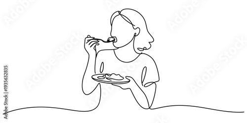 A continuous line drawing of a woman eating a meal from a plate with a fork