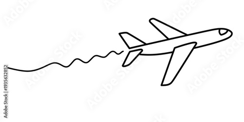 Simple black and white line drawing of a passenger airplane flying through the air with a trail
