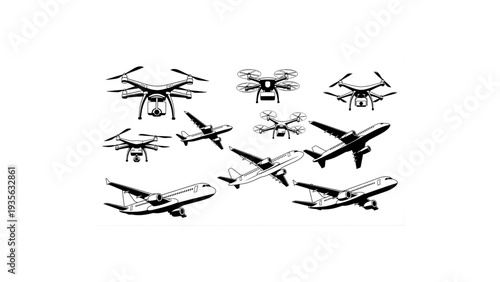 Flying Delivery Drone Robot and Passenger Aircraft Silhouettes Pack Minimal Black White Vector Set