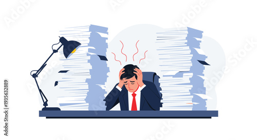 Stressed businessman in a suit sits at his office desk feeling overwhelmed by massive stacks of paper and work.