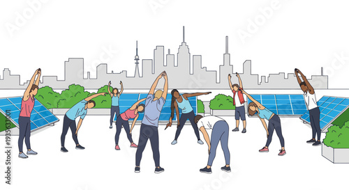 Diverse group exercising on rooftop with solar panels and city skyline