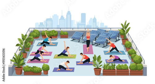 Urban Rooftop Yoga Class with Solar Panels and Cityscape Background