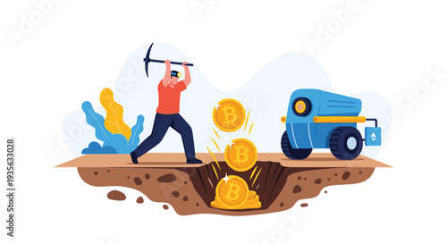 Determined miner uses a pickaxe to dig for bitcoin coins in a pit while a mining machine works alongside him.
