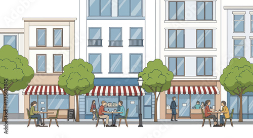 City street with cafes and people enjoying outdoor seating, urban scene illustration