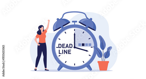 Woman looks up at a massive alarm clock indicating a tight deadline for her project with a sense of urgency.