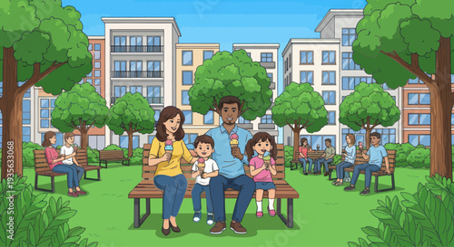 Diverse family enjoying ice cream in a sunny park with modern apartment buildings