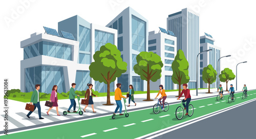 Eco-friendly cityscape with people commuting on bikes and scooters, modern buildings.