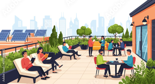 Rooftop Terrace with People Relaxing, Socializing, and Working Outdoors