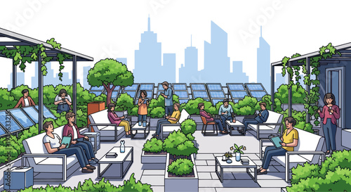 Urban Rooftop Oasis: People Relaxing Amidst Greenery and Solar Panels with Cityscape