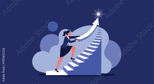 Determined business woman pushes a large blue arrow upwards along a flight of stairs toward a bright glowing star.