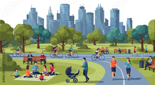 Urban park life, diverse people enjoying outdoor activities with city skyline background