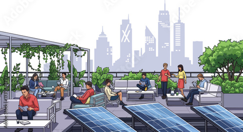 Rooftop Terrace with People, Solar Panels, and Cityscape Illustration