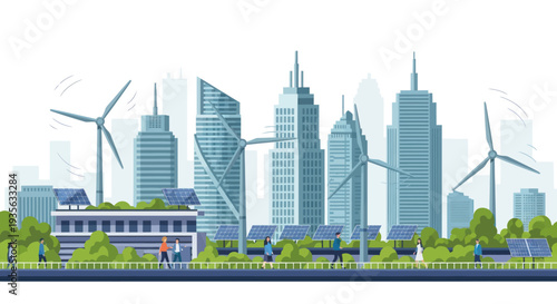 Sustainable city skyline with wind turbines and solar panels, green energy concept