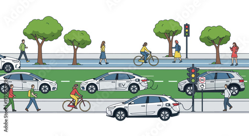 Electric Cars Charging, People Biking & Walking in Eco-Friendly City Scene