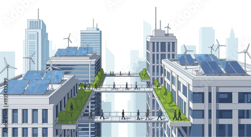 Sustainable Cityscape with Green Buildings, Solar Panels, and Wind Turbines