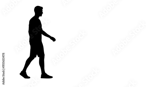 Full length side profile silhouette of a man walking isolated on white