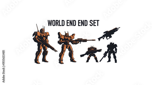 Apocalypse Robot Silhouettes World End Modern Weapon Attack Futuristic Vector Collection