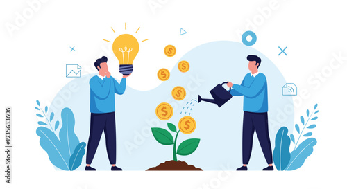 Two men collaborate to water a money tree that grows coins while one holds a bright lightbulb for innovation.