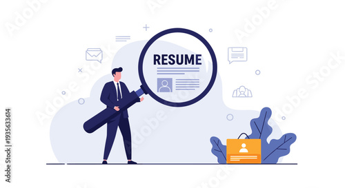 Professional recruiter uses a large magnifying glass to carefully review a resume and candidates profile.