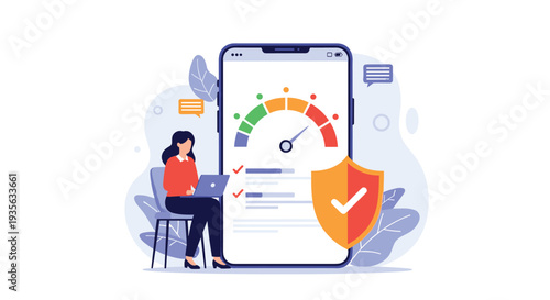 Woman works on a laptop next to a giant smartphone showing a security shield and an internet speed test.