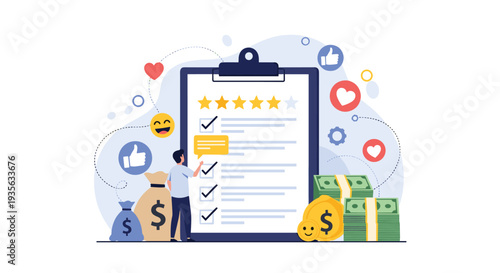 Person marks items on a giant checklist clipboard surrounded by positive social media icons and money bags.