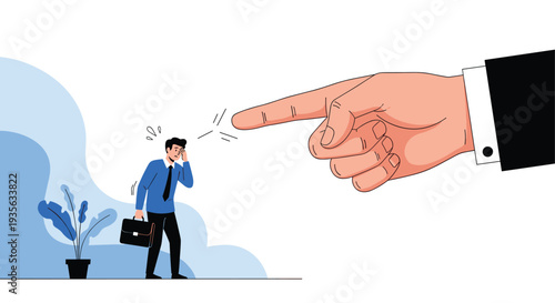 Disappointed manager or boss pointing a giant finger at a sad employee who is being fired or reprimanded in the office space.