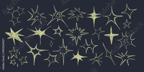 Yellow crayon texture stars and sparkles set. Sketch style set