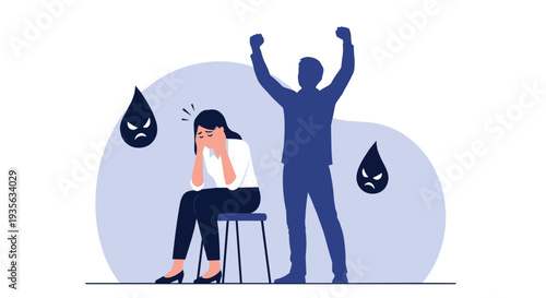 Dramatic illustration of domestic abuse or workplace harassment featuring an angry shadow shouting at a crying woman in pain.