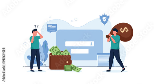 Concept of financial theft or fraud where one person takes a bag of money while the other looks at his empty wallet in distress.