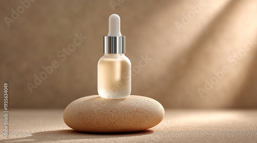 Minimal skincare serum bottle on stone podium. Natural cosmetic product concept