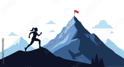 Motivated woman running up a winding mountain path towards a red flag at the peak to achieve her ambitious goals and success.