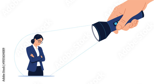 Large hand holding a flashlight to shine a beam of light on a sad businesswoman standing in the dark with crossed arms and a frown.