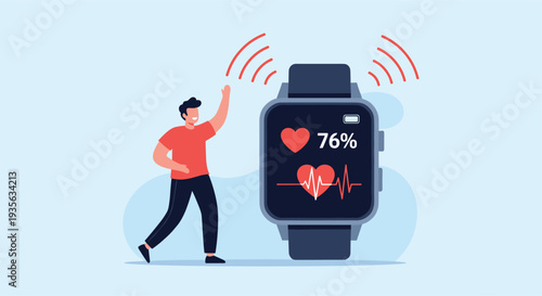 Happy man waving next to a large smartwatch displaying a heart rate of 76 percent to promote fitness and health tracking apps.