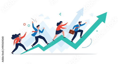Diverse team of business professionals running up a green rising arrow to symbolize collective success and corporate growth.