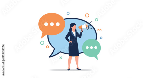 Businesswoman speaking into a megaphone to announce news or information with colorful speech bubbles in the background.