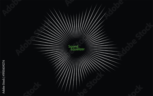 Abstract radial halftone sound equalizer circle, dotted audio spectrum visualization on dark background for music technology, DJ audio interface and digital sound design