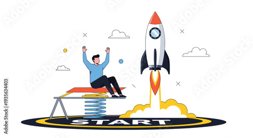 Excited man sits on a springboard preparing to launch alongside a space rocket to represent a successful business startup.