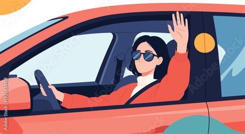 Confident young woman with sunglasses driving a modern red car and waving her hand through the open window during a trip.