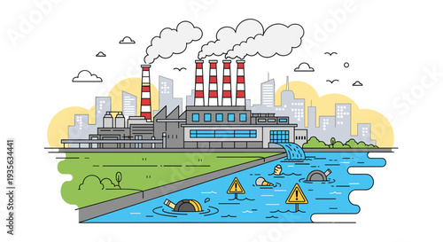 Environmental illustration of a large industrial factory emitting smoke and dumping toxic waste into a nearby river.