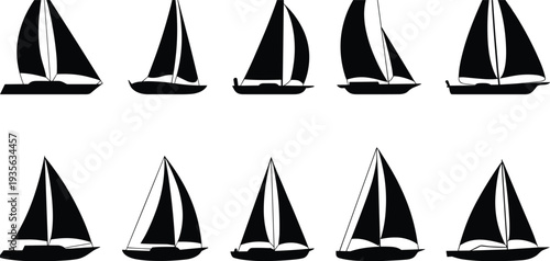 Sailboat silhouette icon set featuring sailing boats yacht marine transport nautical symbols flat vector illustration isolated collection