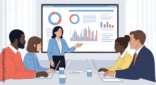Diverse team of professionals attending a corporate presentation where a businesswoman explains data charts on a screen.